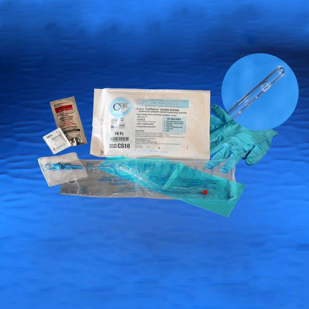 Cure Medical Catheter Unisex Closed System Kit with Integrated 1500mL Collection Bag 16 Fr.